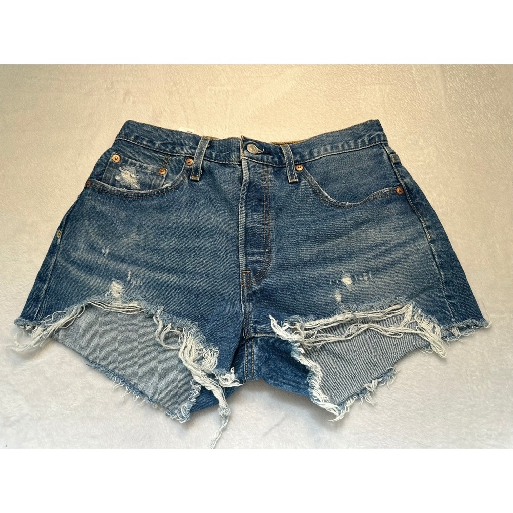 Levi's 501 Original Shorts Womens 28 Blue Very Good Distressed High Rise Denim